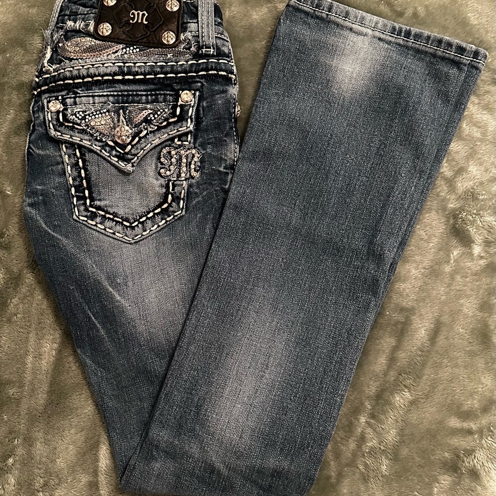 Miss Me Blue Boot Cut Jeans with Crystal Pocket Design